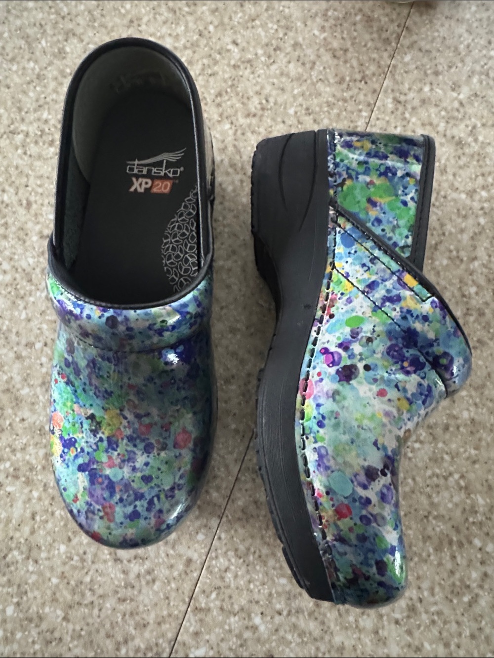Dansko Multicolor Watercolor Patent Clogs with Black Sole